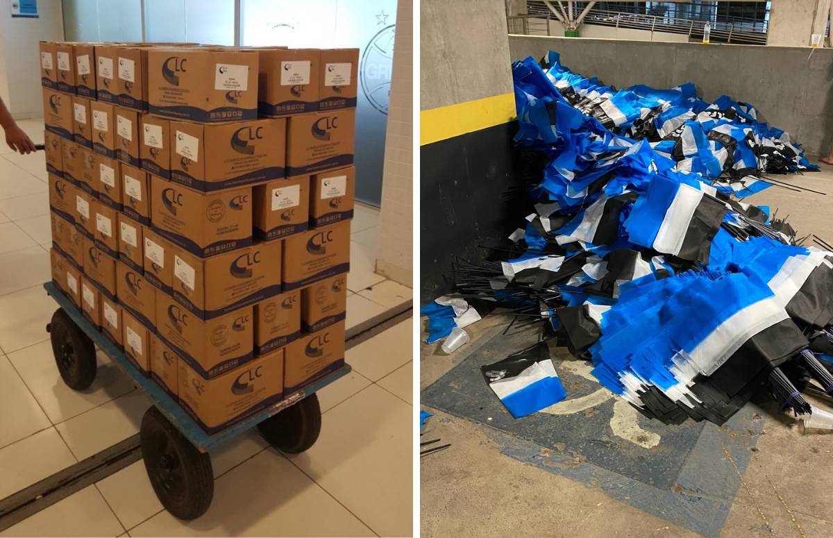 Caixas com bobinas e bandeirolas na Arena do Grêmio