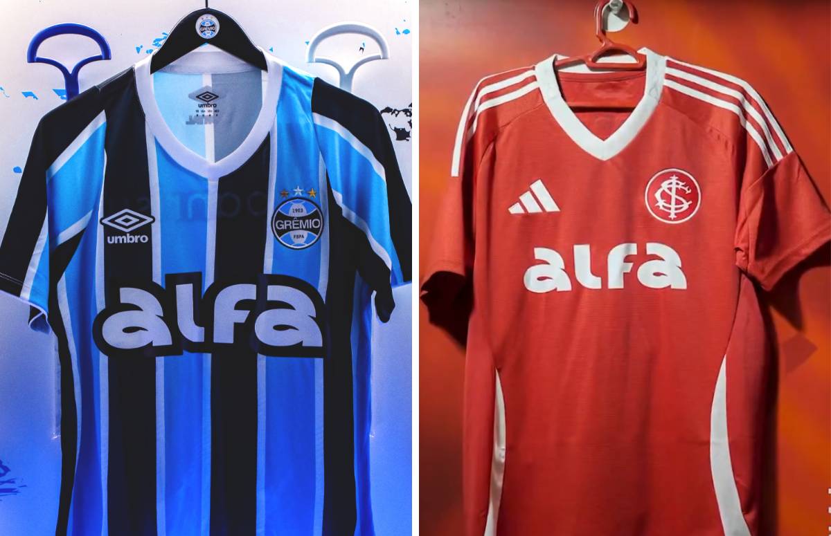 Camisas de Grêmio e Inter com estampa do novo patrocinador